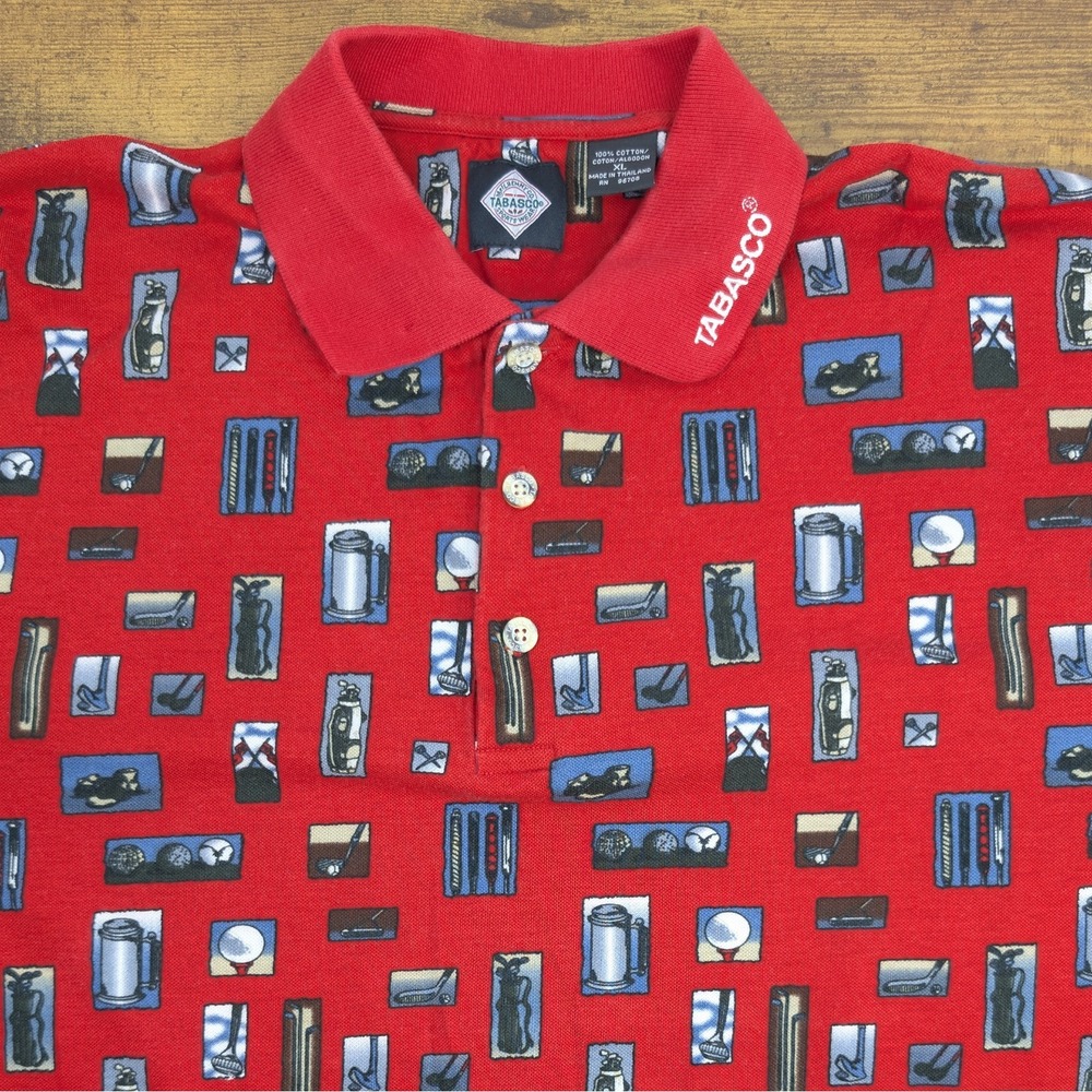 Tabasco Golf Polo Shirt Mens XL Red All Over Print Cotton Short Sleeve Excellent